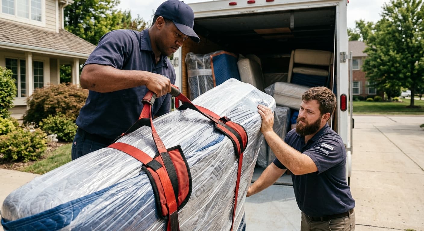 Mover using a mattress carrier to load furniture for an interstate move
