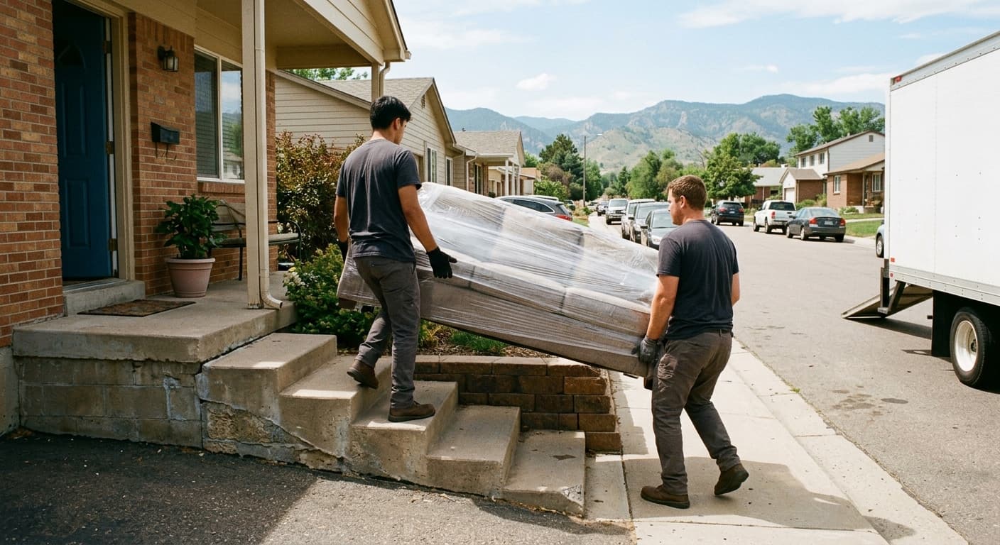 A moving crew carries an armchair down a truck ramp outside a Lakewood area home.