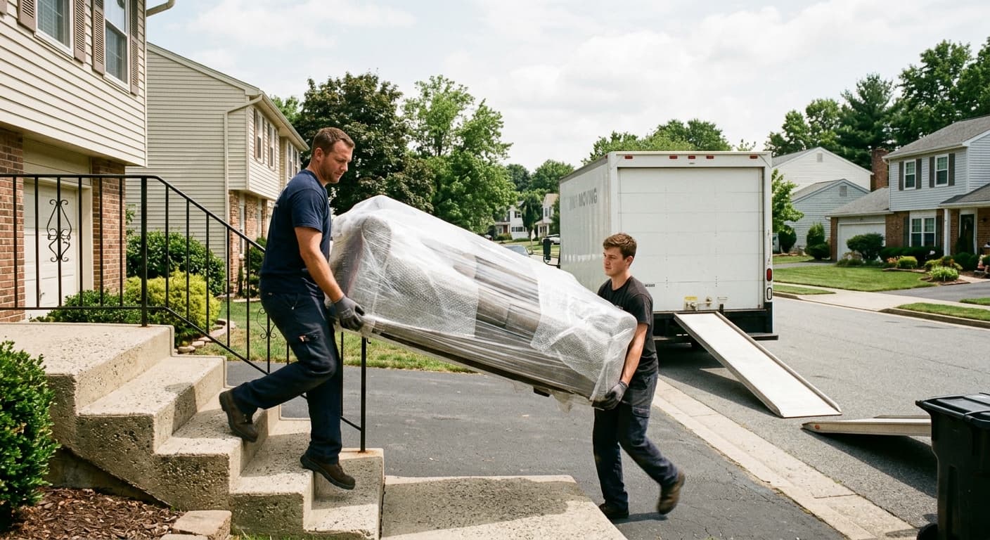 Movers carrying a wrapped sofa down exterior stairs during a local move in Lakewood