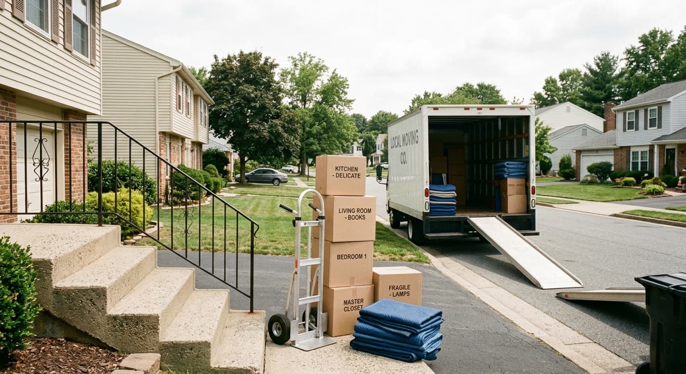 Moving truck and trailer loaded with blankets and boxes for a local move in Lakewood