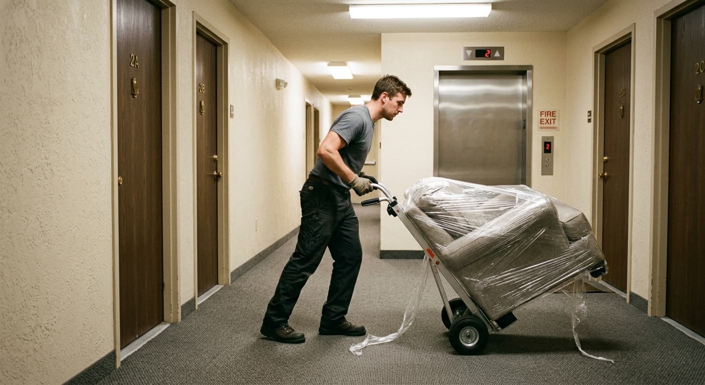 Mover using a furniture dolly in an apartment hallway during a local move