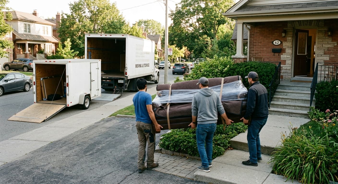 Movers loading a wrapped couch onto a moving truck in Lakewood, CO